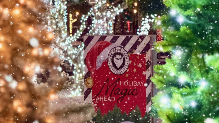 A festive holiday sign reading 'Holiday Magic Ahead' displayed in a decorated outdoor Christmas setting with glowing string lights, evergreen trees, and ornaments. The Berry Farm