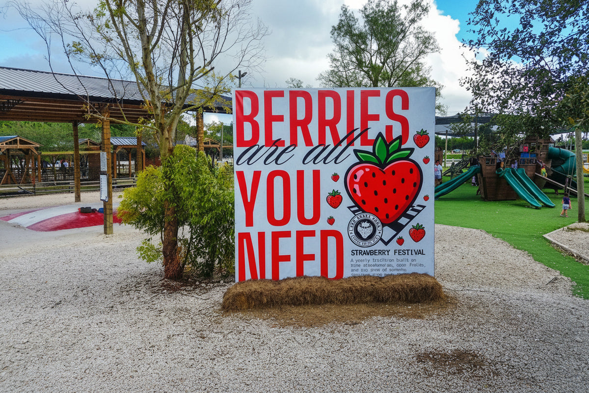 A large white sign in a playground or park area reads “BERRIES are all YOU NEED” in red lettering, with a large strawberry illustration and small text at the bottom. Trees, play structures, and a gravel ground are visible around it.