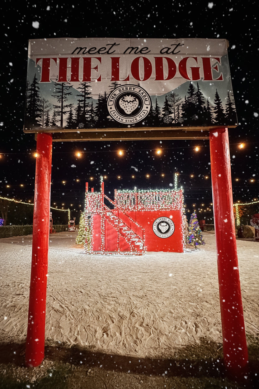 A large red and white wooden sign at night reads 'meet me at THE LODGE' with a lodge emblem in the center. Below the sign is a snow-covered outdoor area with a red and white decorated lodge-shaped light display and small Christmas trees. Snowfall at The Berry Farm.