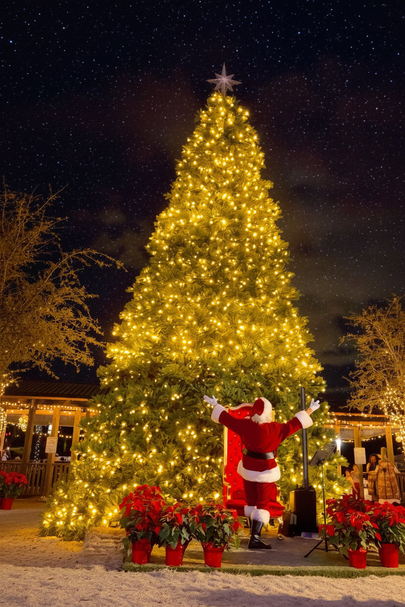A person in a Santa Claus costume at The Berry Farm stands in front of a large, brightly lit Christmas tree at night, with red poinsettia plants in the foreground and a dark outdoor background.