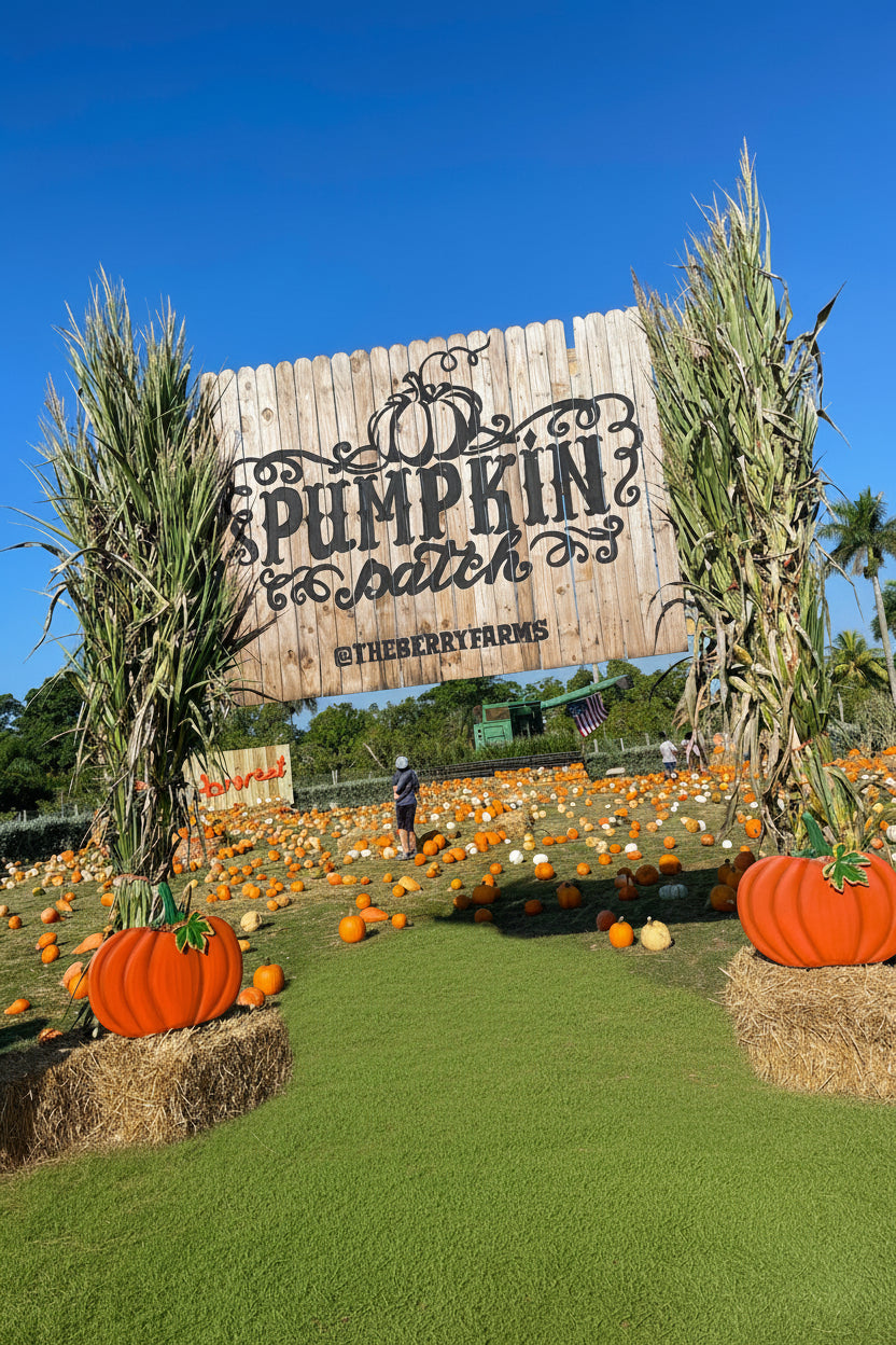 Pumpkin patch with a wooden sign reading 'Pumpkin Patch' and people walking around at The Berry Farm.