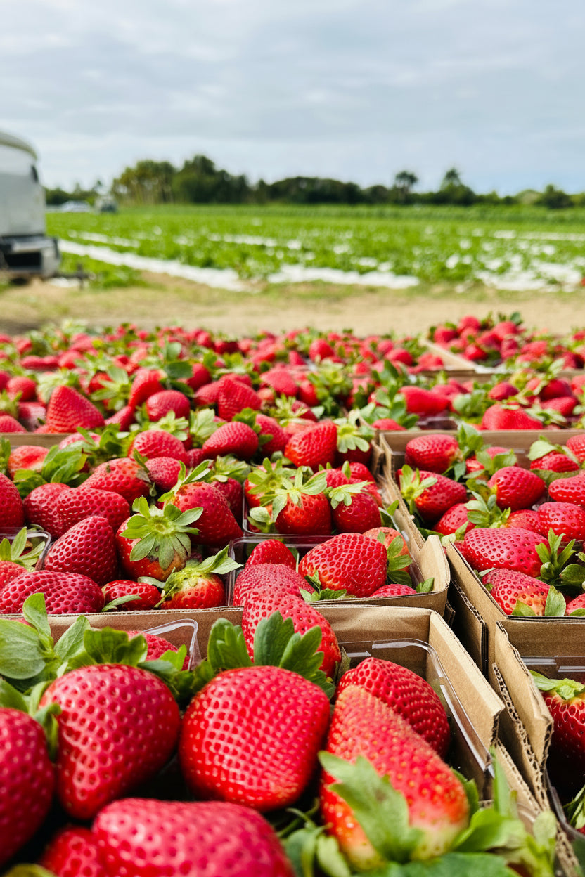 Strawberries in wooden crates with a strawberry field in the background at The Berry Farm.