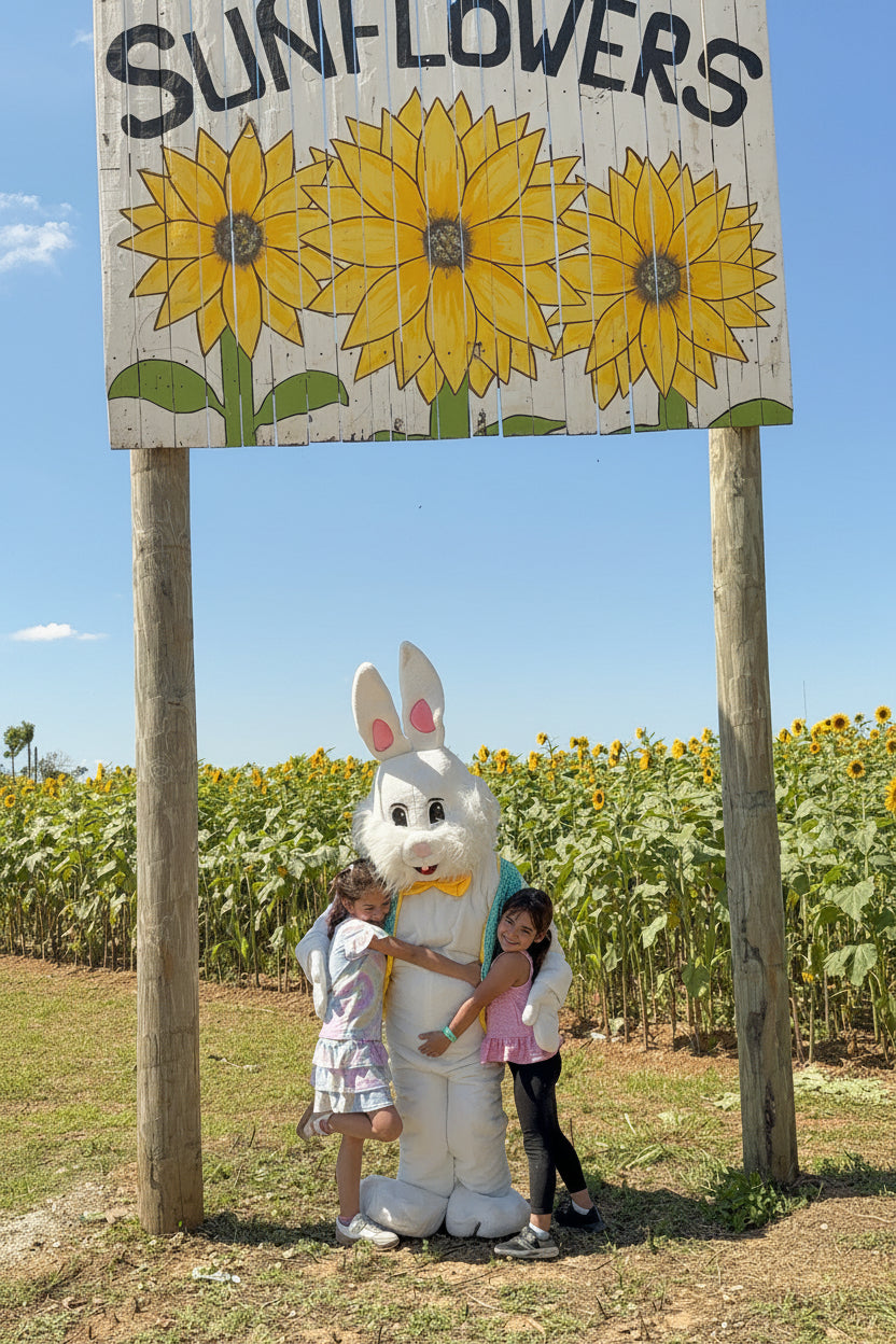 Two children posing with a large Easter bunny mascot in a sunflower field, standing beneath a wooden sign that reads 'SUNFLOWERS' with three yellow sunflowers at The Berry Farm.