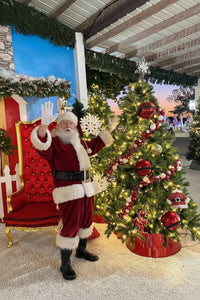 A person dressed as Santa Claus stands beside a decorated Christmas tree in a festive indoor holiday display, with a red throne chair and garlands in the background.